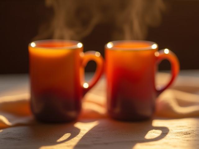 Ein Set von handgefertigten Tassen 'Abendrot' mit warmen, glühenden Farben.