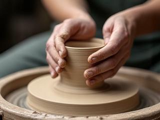 Hände modellieren Ton auf einer Töpferscheibe