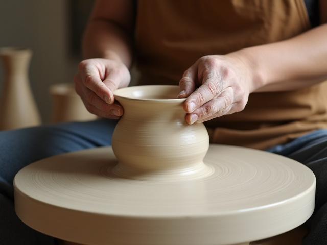 Keramikkünstler formt Ton auf einer Töpferscheibe für eine Auftragsarbeit
